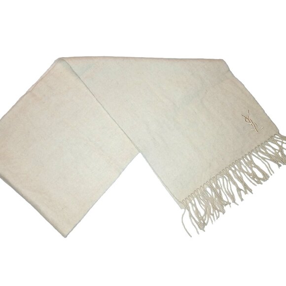 Yves Saint Laurent YSL Cream Ivory Embroidered Wool Fringed Scarf Pre-Owned